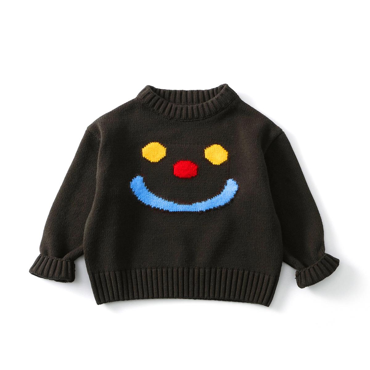 

Coffee-Colored Jacquard Knit Sweater - Smiley Face Design, Loose Fit, Mori-Kei Style for Small and Medium Kids 3 years (100 cm)