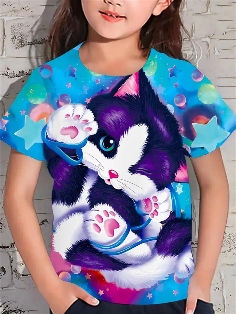 Fun Girl T-shirt Summer Short Sleeved Top Cartoon Animal Cat 3D Printing 2025 Girl Clothing