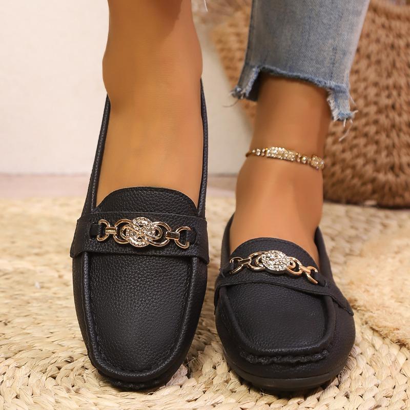 Large size Doudou shoes women's autumn new round head shallow mouth rhinestone chain flat bottom casual shoes
