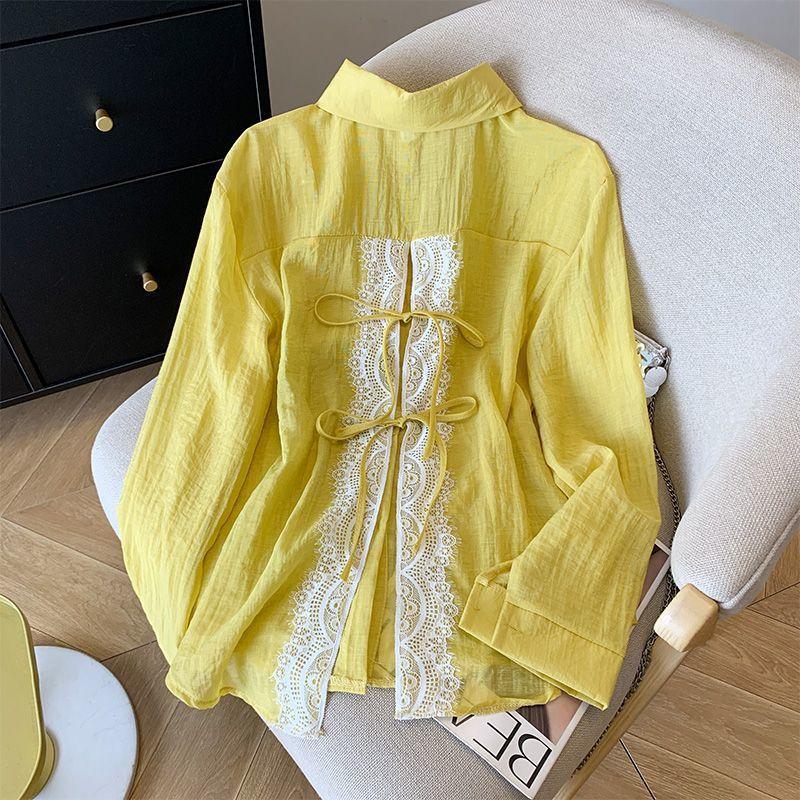 Women's Point Collar Long Sleeve Shirt Loose Fit Feminine Lace Patchwork Blouse Thin Sun Protection Overshirt