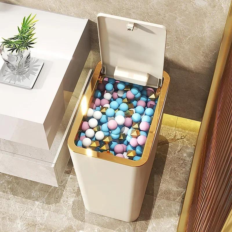 Bathroom Trash Can Slim Trash Can with One-Touch Lid Bathroom Kitchen Garbage Bin Plastics Garbage Bin Home Supplies