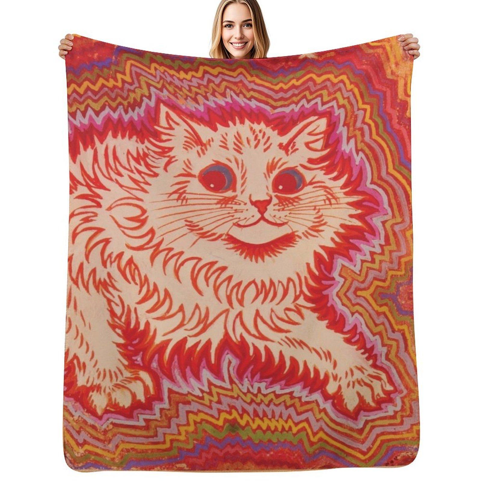 Louis Wain Orange Psychadelic Cat Throw Blanket Soft Comfort Blanket for Reading Watching TV Size: 75*100cm, Weight: 230 GSM