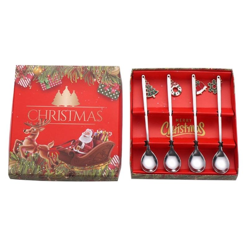 4PCS Christmas Themed Dessert Spoons Ice Cream Coffee Spoons 4 Colors to Choose