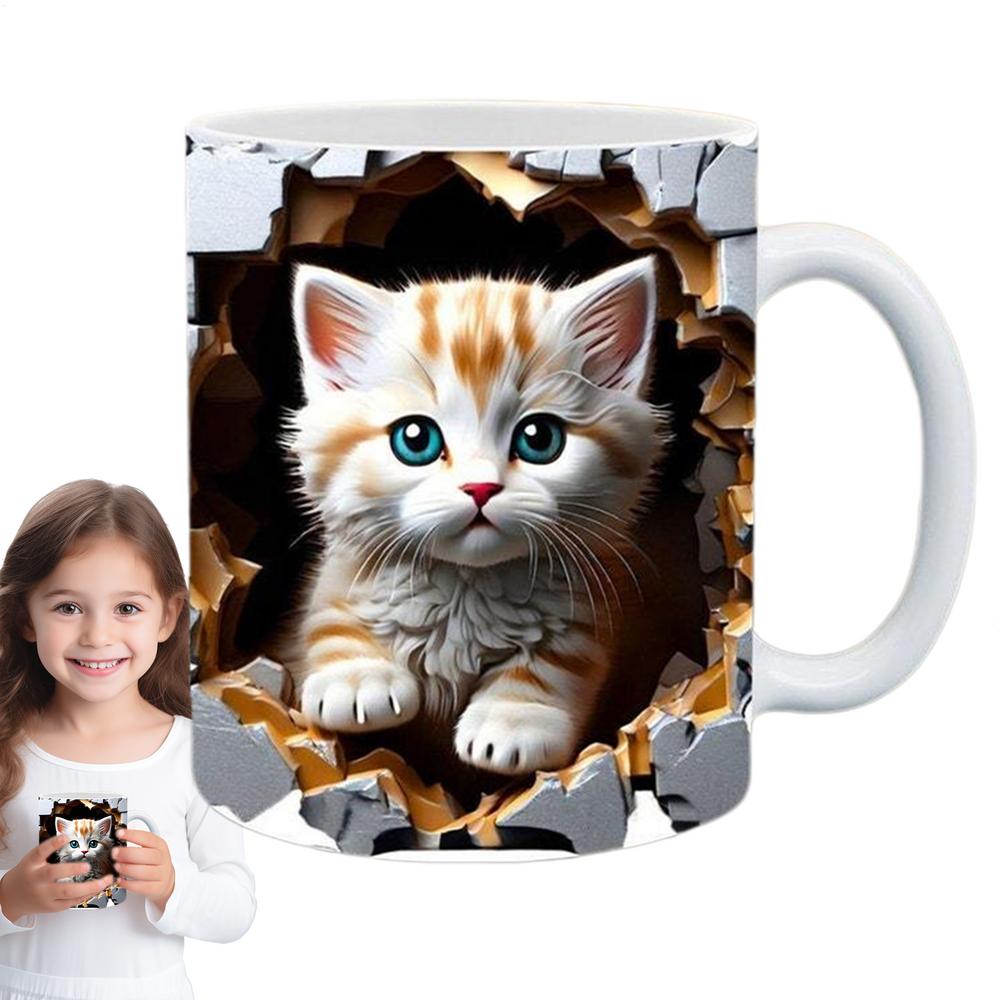 Милая Кружка с Кошкой Милый Котенок Дыра в Стене Керамическая Кружка для Кофе Праздничная Кружка для Кофе Латте Новинка Космический Дизайн Стаканы для 310ml