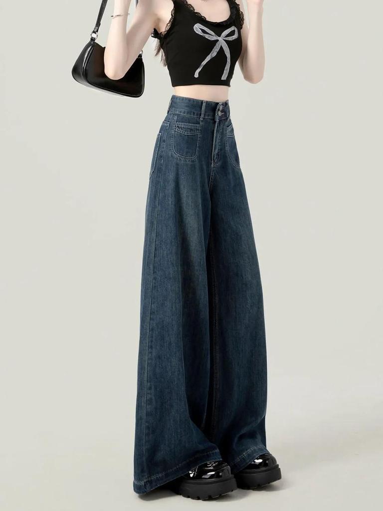 Women's Retro High-Waisted Wide-Leg Jeans - 2025 Spring/Autumn Collection, Loose Fit, Slimming, Floor-Length