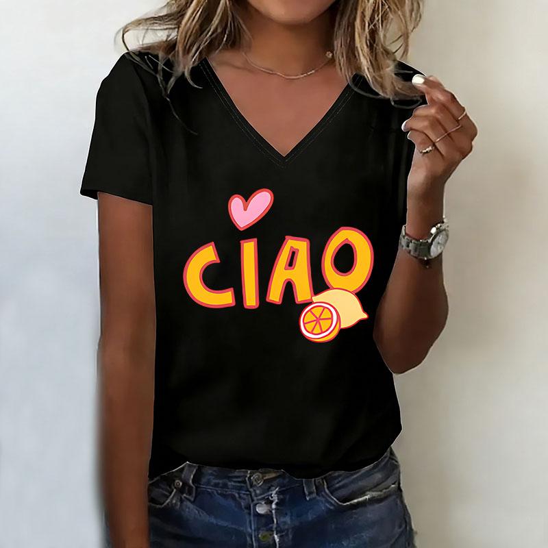 Printed T-shirt women s short sleeved T-shirt V-neck summer outfit XS
