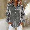 Damen Pailletten Samt Hemd Langarm Revers Bluse Lässig Glitzernd Knopfleiste Hemd für Party Date Bar Nachtclub