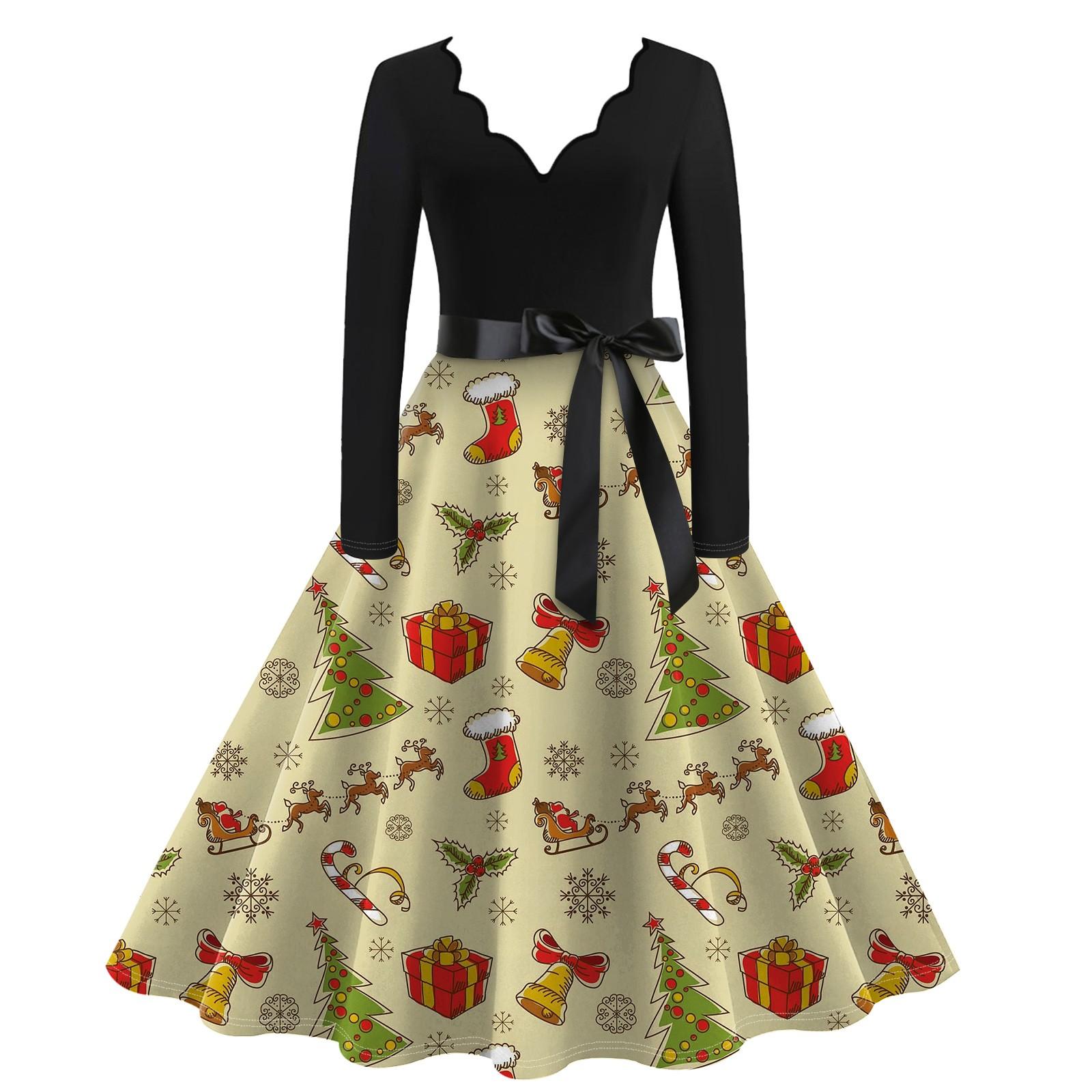 

Женское повседневное модное винтажное платье с V-образным вырезом и длинным рукавом с рождественским принтом XL бежевый