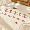 Elegant Pink Clover Flower Jewelry Set Women - Necklace Bracelet Earrings In Gold Plated Copper Lightweight Fashion Accessory