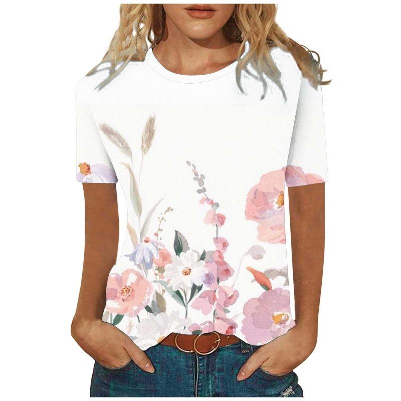 Damen Sommer Rundhals Elegantes T-Shirt Atmungsaktiv Kurzarm Schmetterlingsmuster Top Locker Lässig Damen T-Shirt