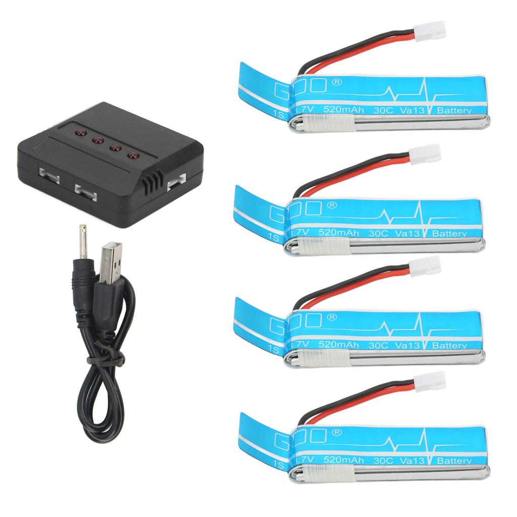 4pcs RC Helicopter Lithium Ion Battery Plastic Blue 3.7V 520mah RC Plane Accessories with Charger for WLtoys V977
