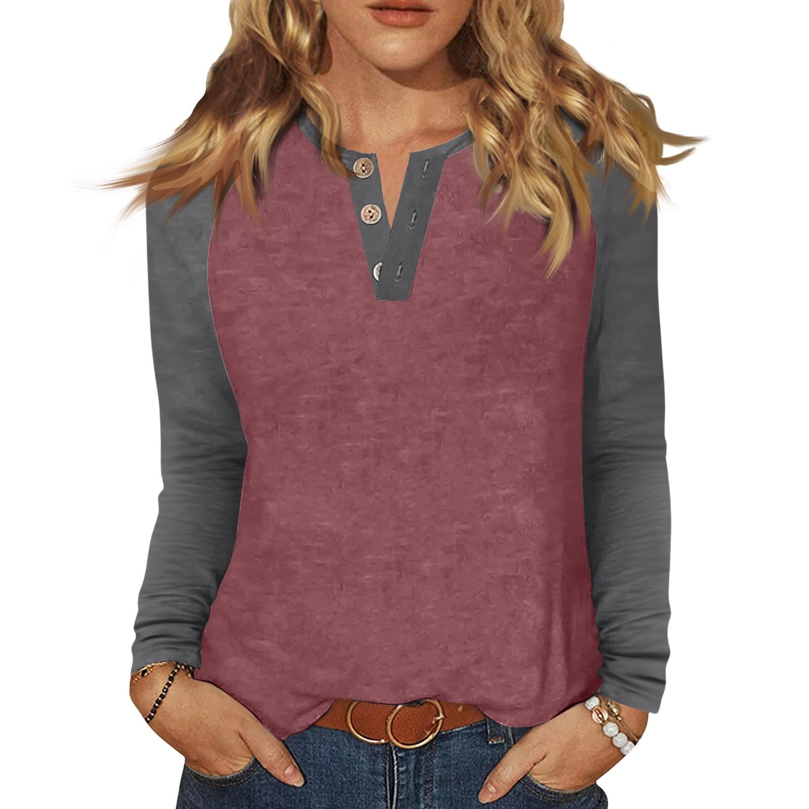 

Женская футболка колор-блок на пуговицах с длинным рукавом, повседневная, для выходных, модная, базовая, с V-образным вырезом, обычная XL винный
