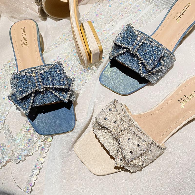 New Summer Low Heel One-word Drag Fashion Thick Heel Fairy Wind Cool Slippers Square Head Rhinestone Bow Out Slippers