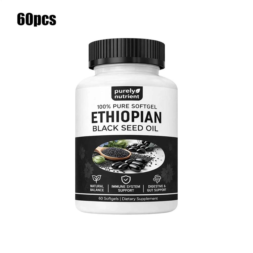 Capsule Molli di Olio di Semi Neri Etiopi Purely Nutrient, 4,64% Timochinone, Senza OGM Senza Glutine 60 Capsule