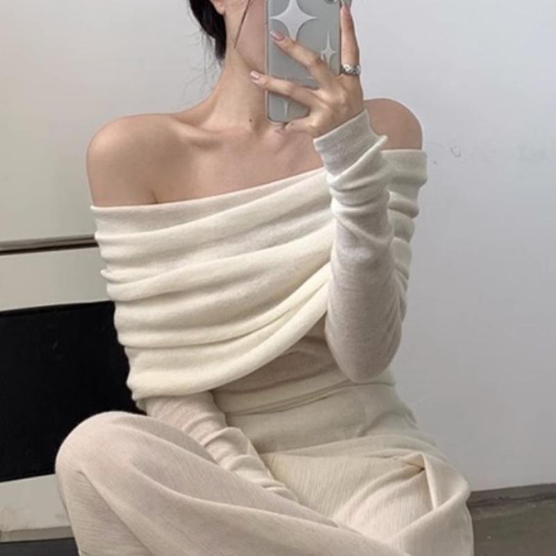 Autumn New Sexy One Shoulder Pullover Sweaters for Women Lapel Off Shoulder Long Sleeved Knitted Sweater Woman Elegant Casual Winter Knitwear 24861