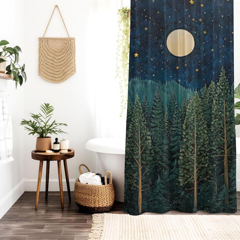 Moonlit Evergreen Forest Shower Curtain, Earthy Bathroom Decor, Serene Woodland Scene Home Decor, Bathroom Accent Autumn