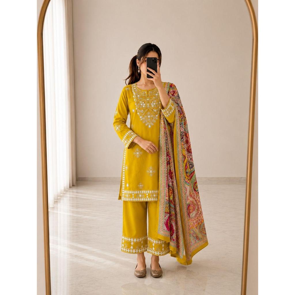 We are Launching Exclusively Festive & Party Wear Heavy Cotton With Embroidery Gotapati With Top-Bottom And Dupatta Set
