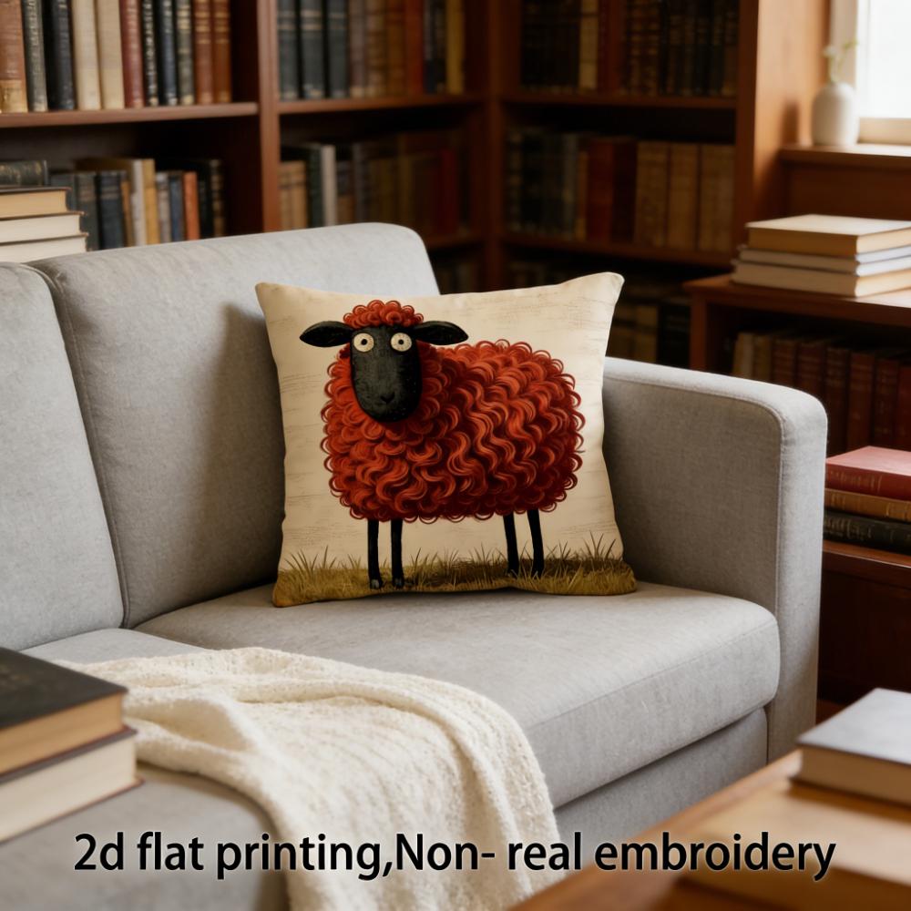Cute Red Sheep Pillow Cover 2D Print Cartoon Farm Animal Cushion Case For Sofa Bed Couch Cozy Rustic Country Home Decor Gifts