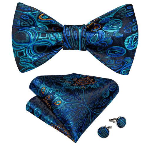 Conjunto de abotoaduras masculinas de seda azul ajustável com gravata borboleta Paisley floral Hanky