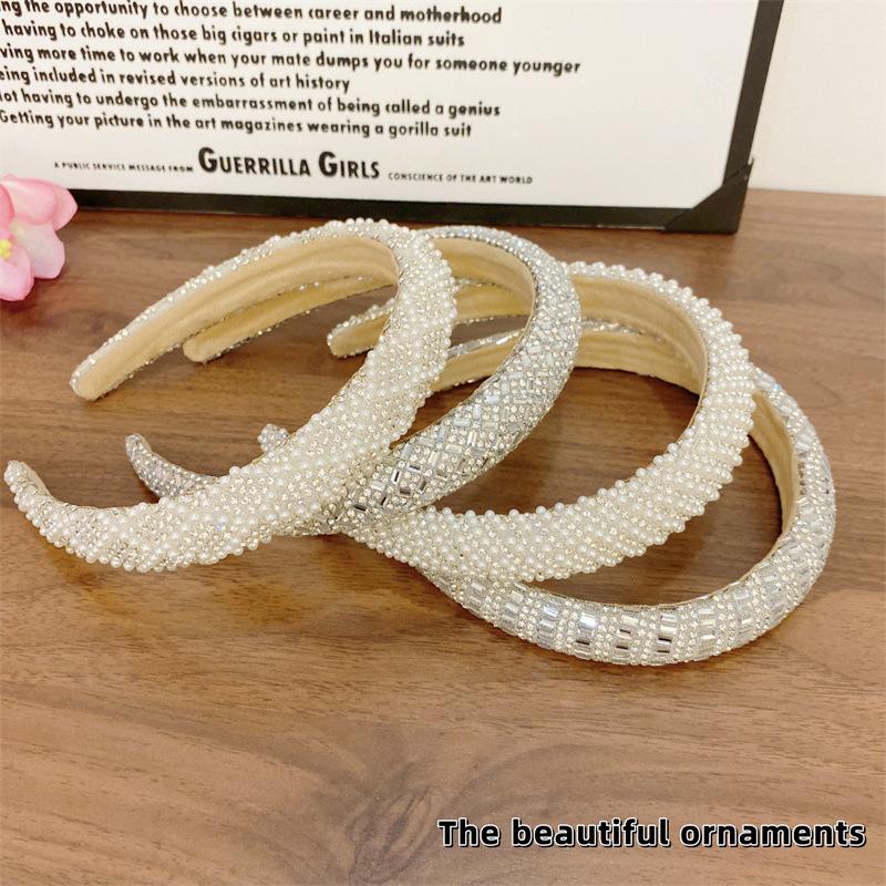 Baroque Vintage Pearl Glass Beads Bow Headband Fashion Hairbands Full Rhinestone Sponge Hair Band Hair Accessories