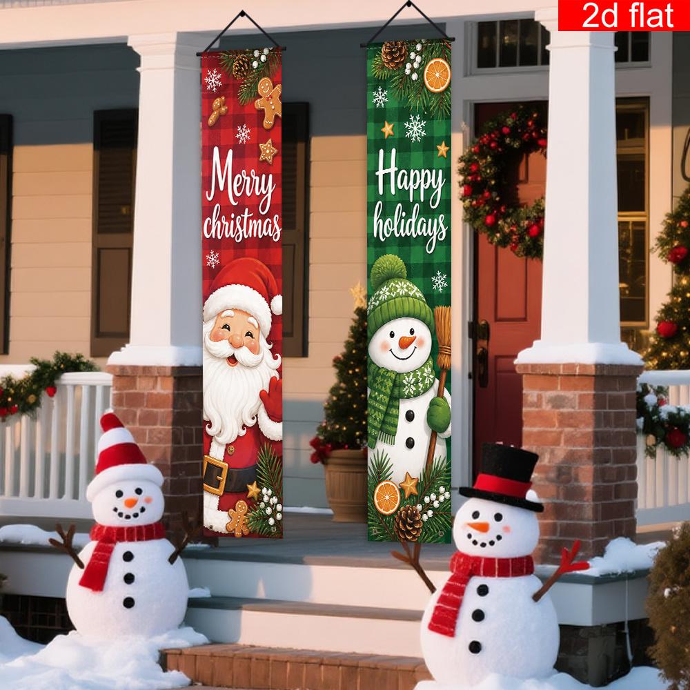 Merry Christmas Porch Sign Santa Claus Snowman 1 Pair Polyester Indoor Outdoor Decor