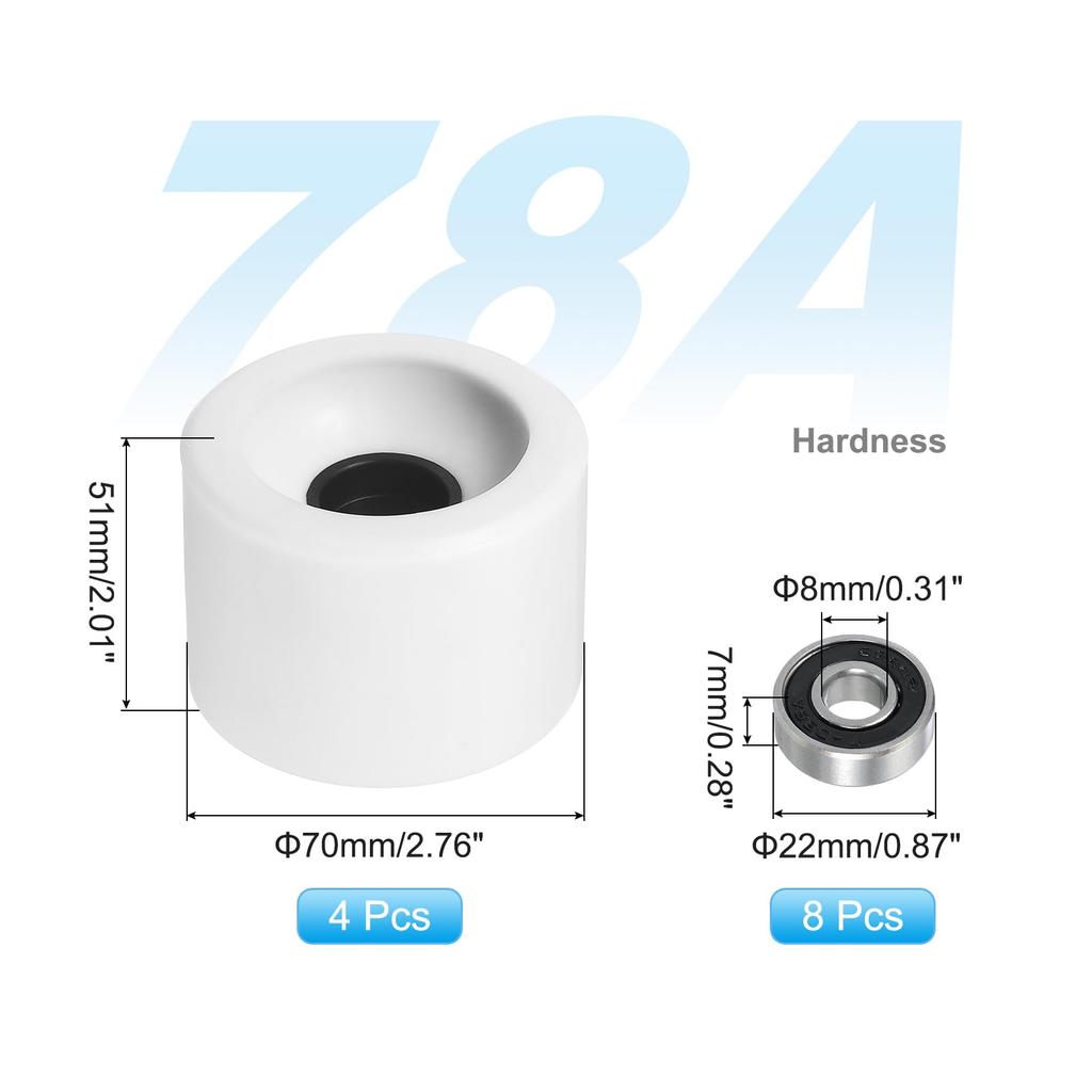 PATIKIL 1 Set 70 mm Skateboard-Räder, Härte 78A, Straßenräder, PU-Cruiser-Räder mit 608RS-Lagern für Skateboard-Ersatz, Weiß