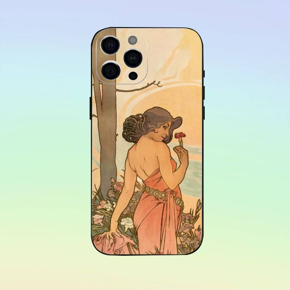 Vintage A-Alphonse Mucha Phone Case For iPhone 17, 16,15,14,13,12,11, Others Soft Silicone Black Cover