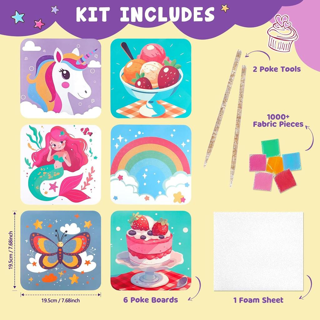 Craft Set Unicorn, Mermaid, Ice Cream, 6 Pieces DIY Set Poke Art Crafts Children, Toy for Gift Girls 6 7 8 9 Creative Set for Children's Buildings