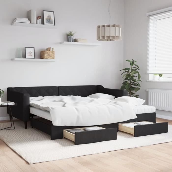 VidaXL Daybed with Trundle and Drawers Black 100x200 Cm Fabric 3197487