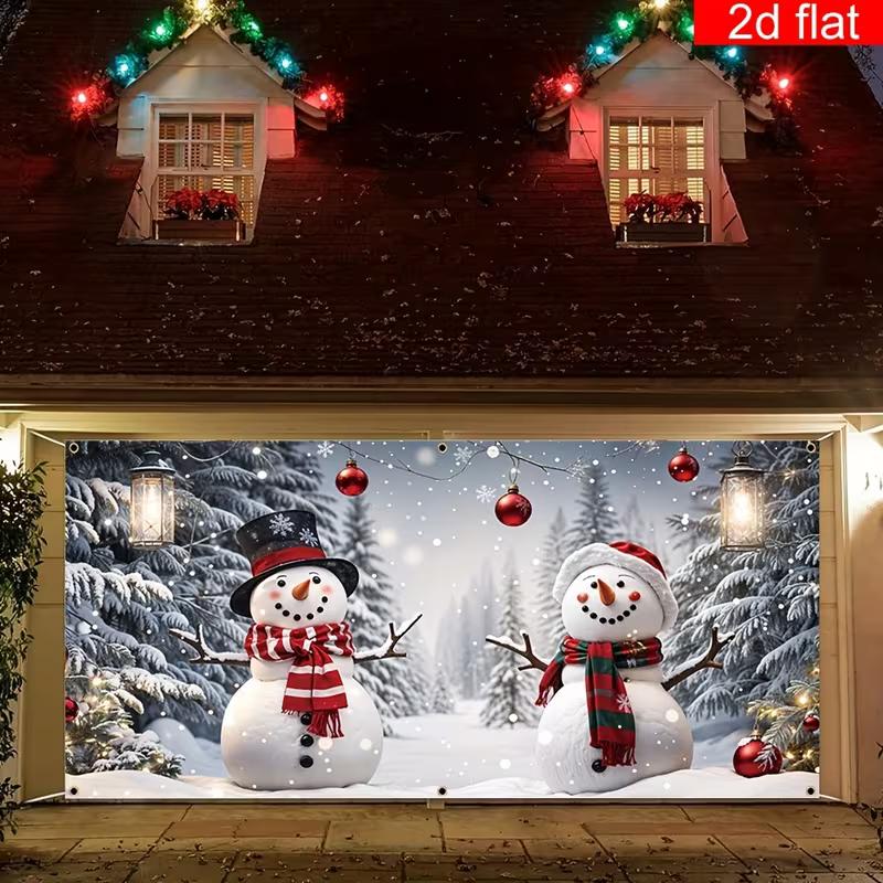 2D Christmas Snowman Garage Door Tapestry, Winter Forest & Snowy Background