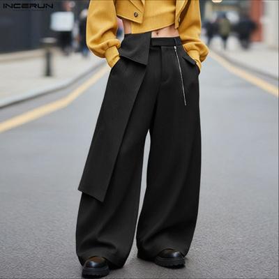 Men Zip-up High Waist Pockets Texture Casual Long Pants Trousers