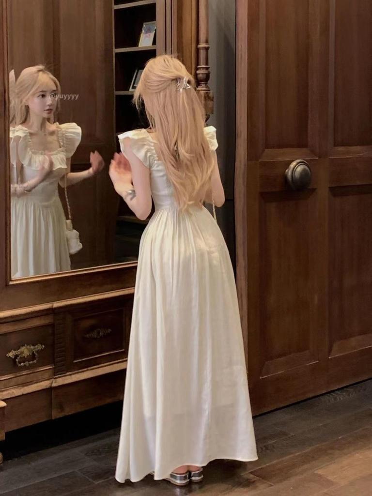 Lined Flutter Sleeve Ruffle Dress - Square Neck, Fitted Waist, Long French Style for Women, Perfect for Summer Elegance