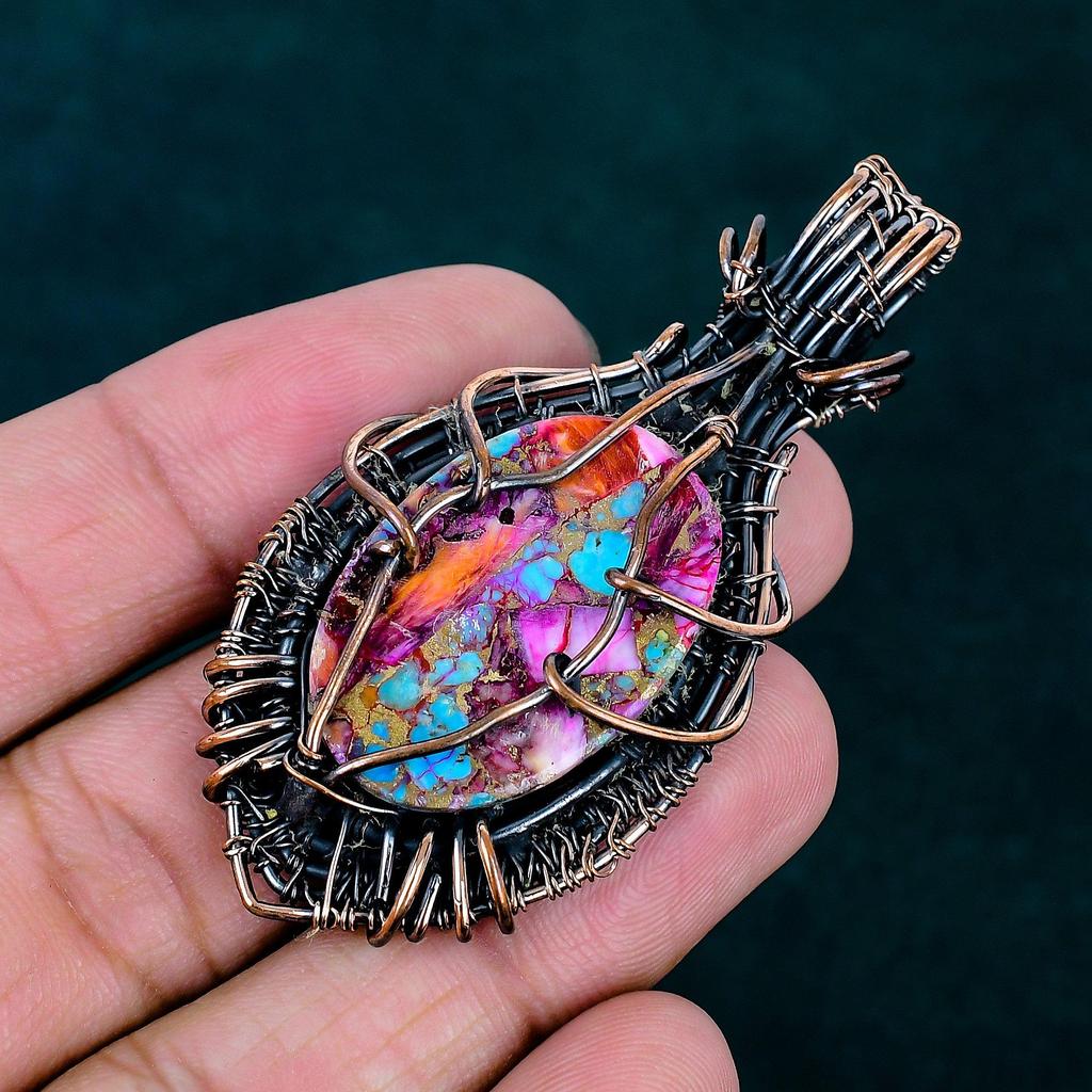 Kingman Pink Dahlia Turquoise Pendant Copper Wire Wearing Pendant Gemstone Jewelry Handmade Tree of Life Jewelry Rainbow Moonstone Pendant