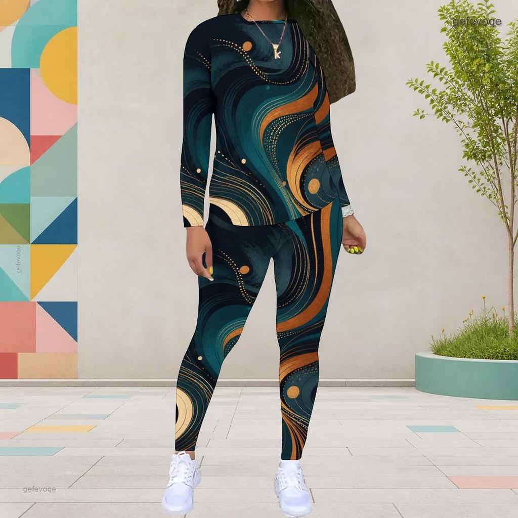 Women Plus Size Tie Dye Printed Round Neck Long Sleeve Top Fitted Pants Two Piece Set