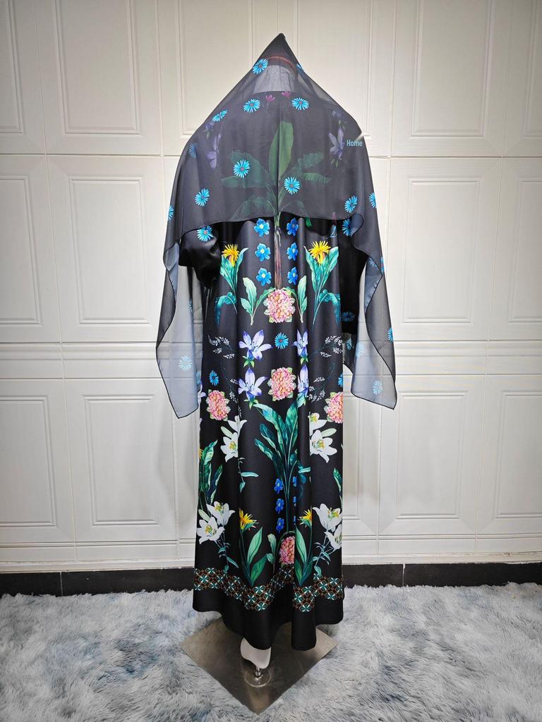 MQ236 Women's Middle Eastern Fashion: Printed Abaya Robe with Hijab & Cardigan, Large Swing Overcoat