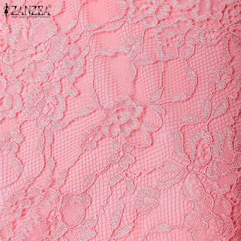 ZANZEA Damen Lässig Rundhals Kurzarm Sommer Patchwork Spitzenkleid