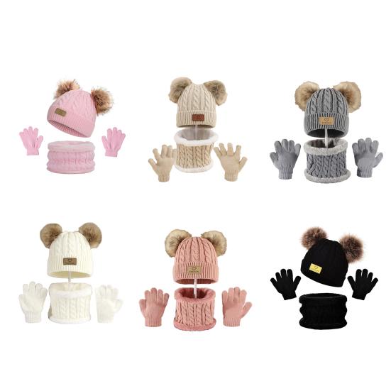 Yousheng 3Pcs/Set Kids Winter Hat Scarf Gloves Set Two Plush Ball Decor Twist Texture Brimless Hat Knitting Gloves Fleece Lining Neck Gaiter Set