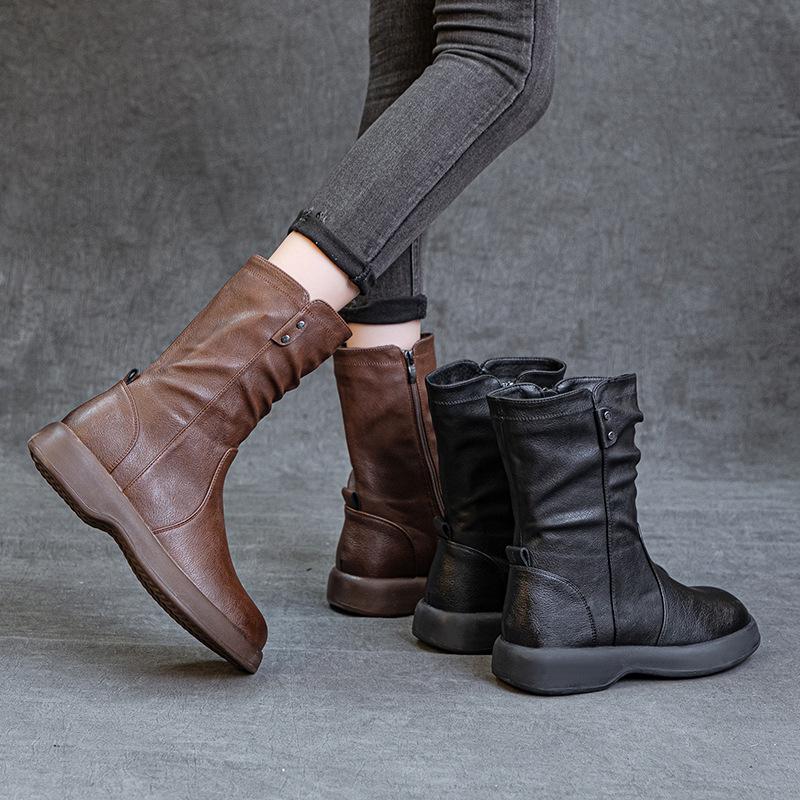 2024 Women's British Style Flat-Sole Velvet Mid-Length Martin Boots for Autumn and Winter