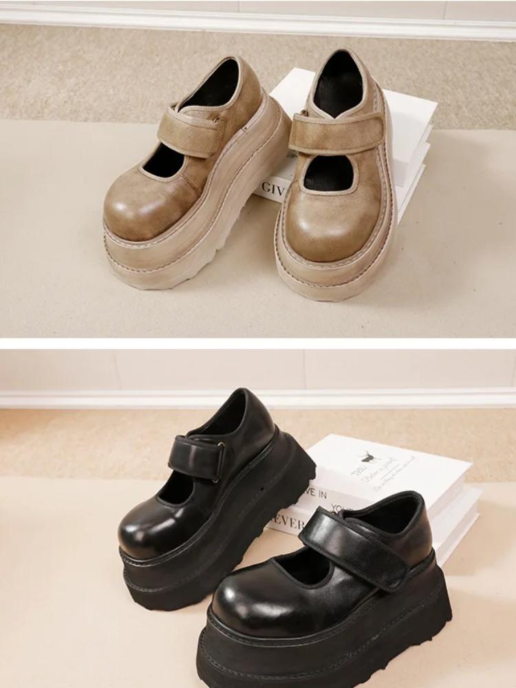 Johnature Natūralios odos 7 cm storio padais bateliai. Vintažiniai universalūs moteriški plokščiapadžiai bateliai su platforma.