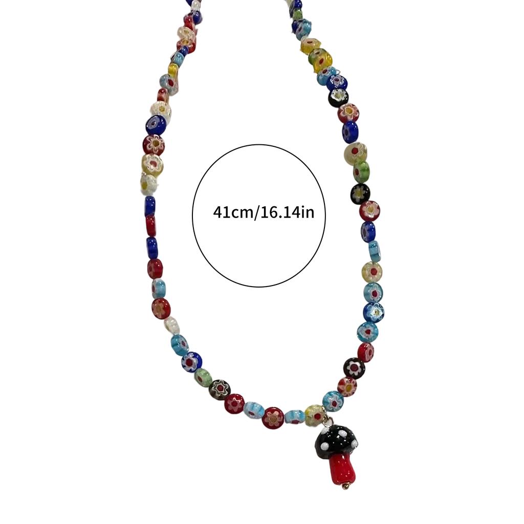 Colorful Glass Bead Necklace Featuring Mushroom Pendant and Floral Designs Decoration for Trendy Women Outfits