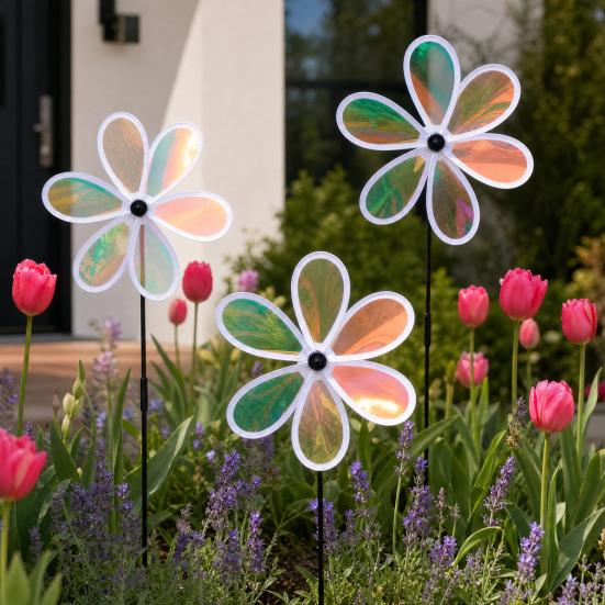 Colorful Windmill Ornaments for Garden and Yard, Decorative Double Layer Pinwheel Spinner for Kids, Outdoor Reflective Pinwheels for Patio Lawn