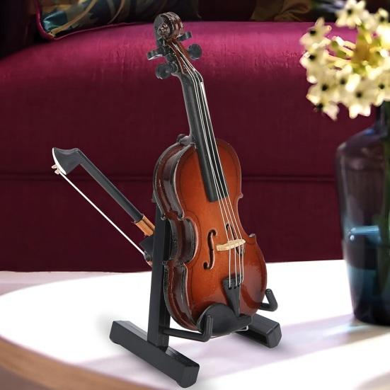 Wooden Mini Violin Model with Stand Playable Tiny Violin Figurine Miniature Musical Instrument Ornament Home Office Desktop Decoration
