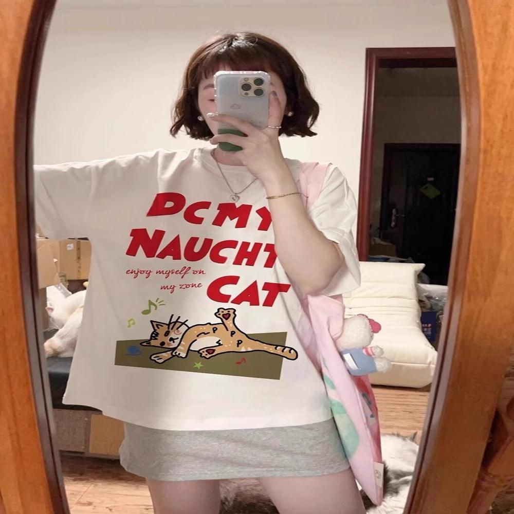 American Vintage Short Sleeve Pure Cotton T-Shirt Women's Summer Loose Plus Size Trendy Leisure Printed Casual Round Neck Top