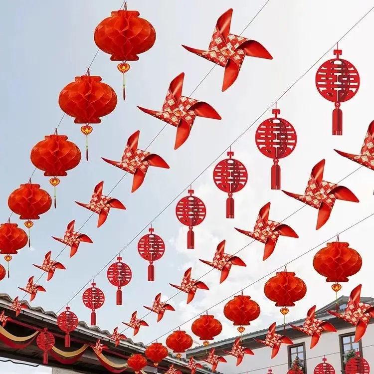 Double Happiness Wedding Bunting: Outdoor Lanterns, String Lights & Hanging Pinwheel Decor