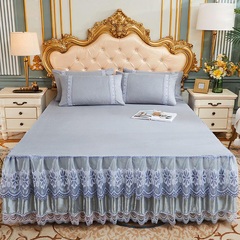 3pcs Set Soft Lace Bed Skirt King Queen Size Bedspread Solid Color Luxury Princess Romantic Bed Spread with Pillowcase