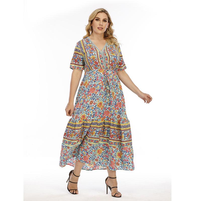 (M~4XL) Vestido Largo Boho con Estampado Floral para Mujer Cuello en V manga corta cintura alta patchwork vestido maxi moda casual transpirable ligero talla grande