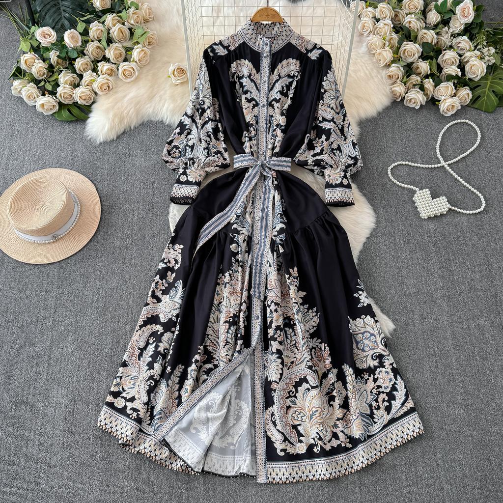 Vintage Langes Kleid für Damen, Frühling, Herbst, Blumendruck, Robe, Stehkragen, elegant, einreihig, Schnürgürtel, plissiertes Maxikleid