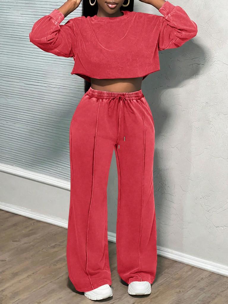 Women's Spring Fall Long Sleeve Casual Sets Washed Hoodie Sweatshirt 2 Piece Outfit Trendy Loose