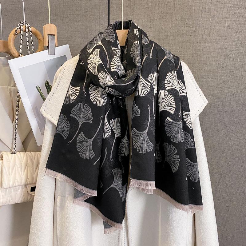 Autumn and winter new retro ginkgo biloba jacquard scarf women's imitation cashmere thickened warm scarf fashionable outer shawl