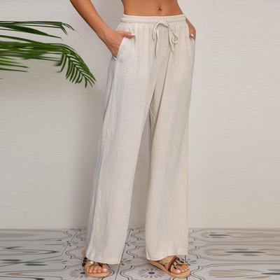 Damen Elastische Hose mit Hohem Bund Lässige Passform Weites Bein Lange Hose Hose mit Taschen